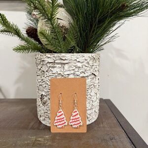 3D Printed Christmas Tree Earrings- Red & White Holiday Earrings